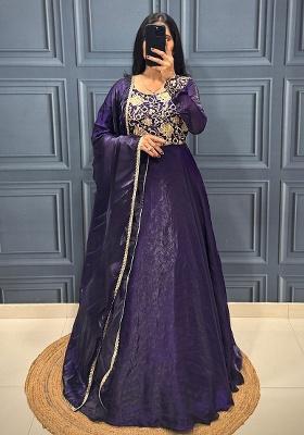 Purple Embroidery Silk Kurta Set