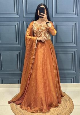 Brown Embroidery Silk Kurta Set