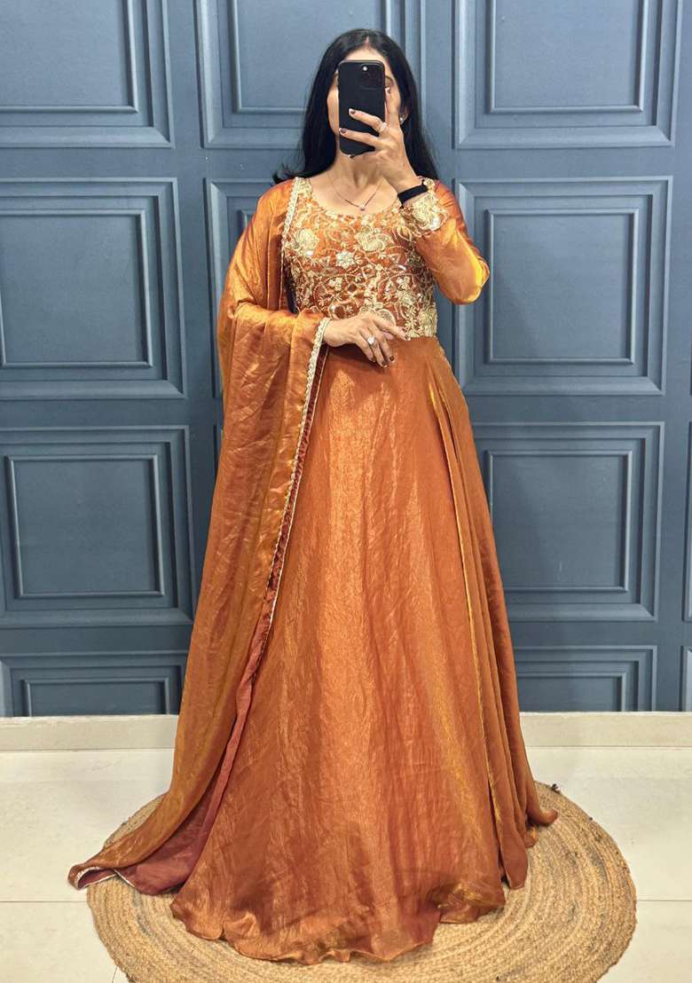 Brown Embroidery Silk Kurta Set - Indya
