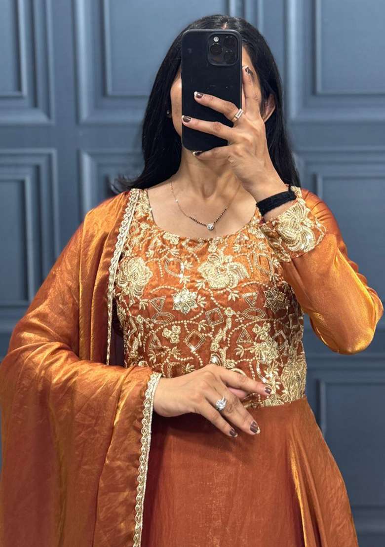 Brown Embroidery Silk Kurta Set - Indya