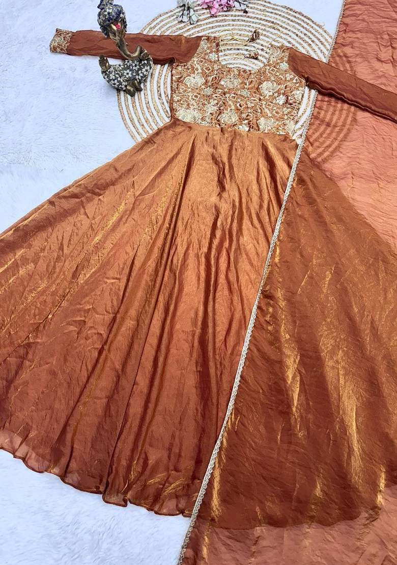Brown Embroidery Silk Kurta Set - Indya