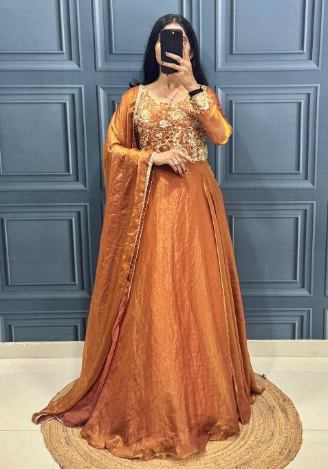 Brown Embroidery Silk Kurta Set