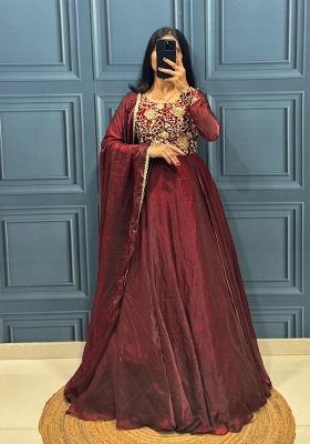 Maroon Embroidery Silk Kurta Set
