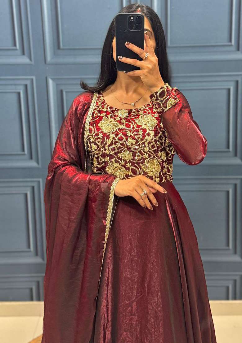 Maroon Embroidery Silk Kurta Set - Indya