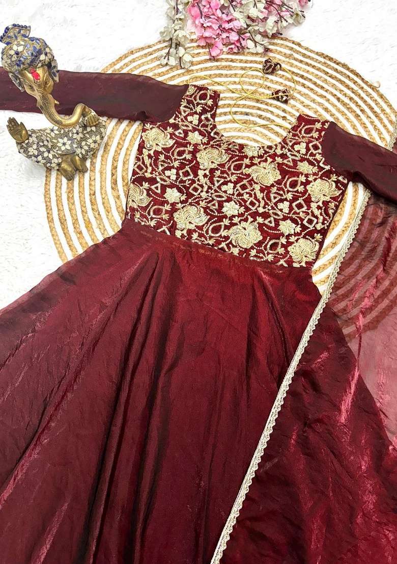 Maroon Embroidery Silk Kurta Set - Indya