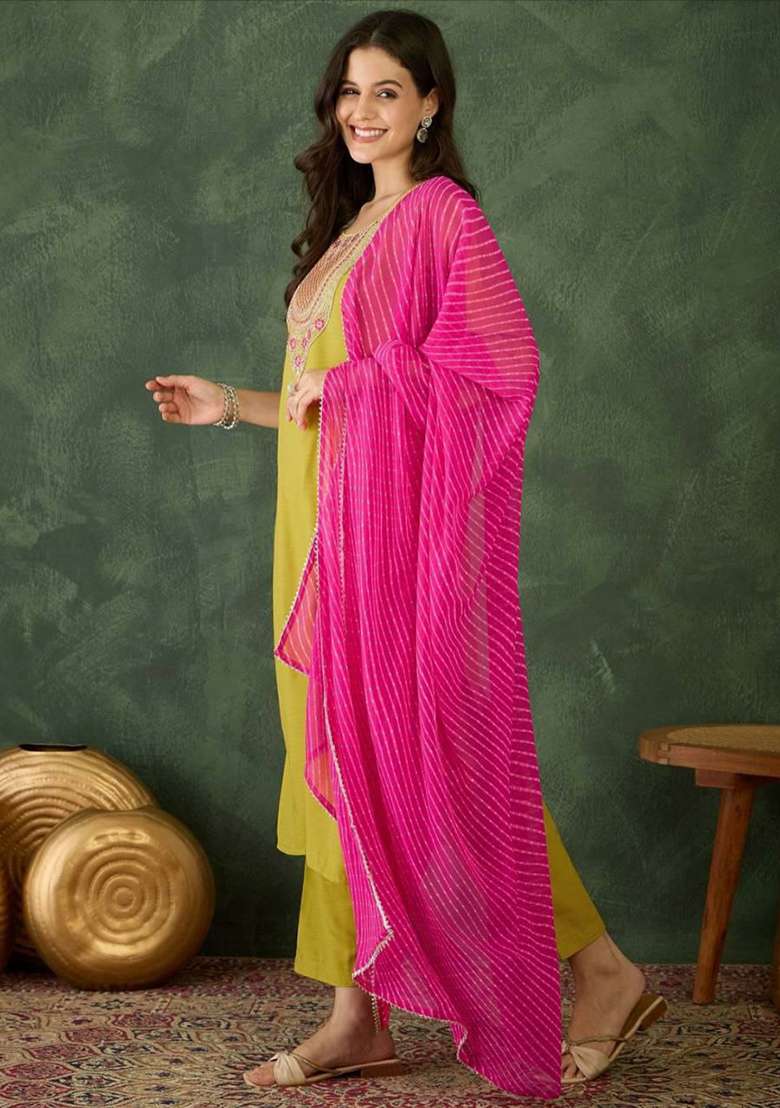 Green Embroidery Rayon Kurta Set - Indya