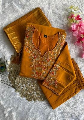 Yellow Embroidery Silk Kurta Set