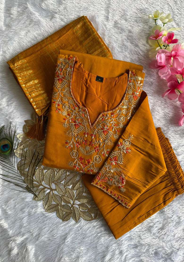 Yellow Embroidery Silk Kurta Set - Indya