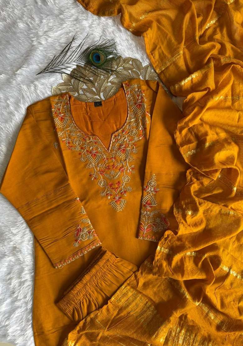 Yellow Embroidery Silk Kurta Set - Indya