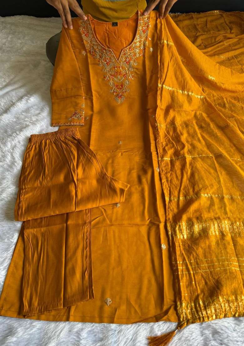 Yellow Embroidery Silk Kurta Set - Indya