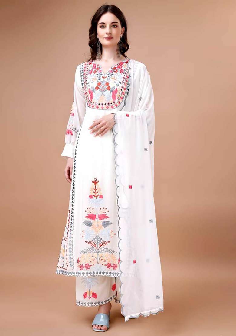 White Embroidery Georgette Kurta Set - Indya