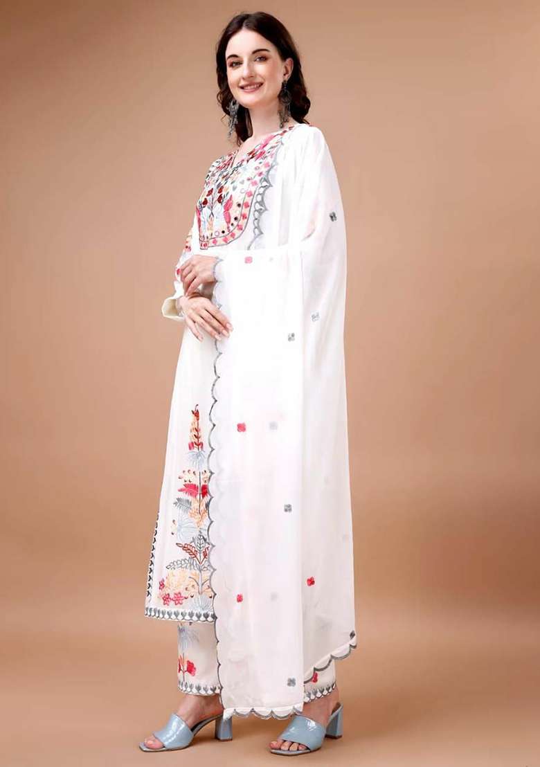 White Embroidery Georgette Kurta Set - Indya