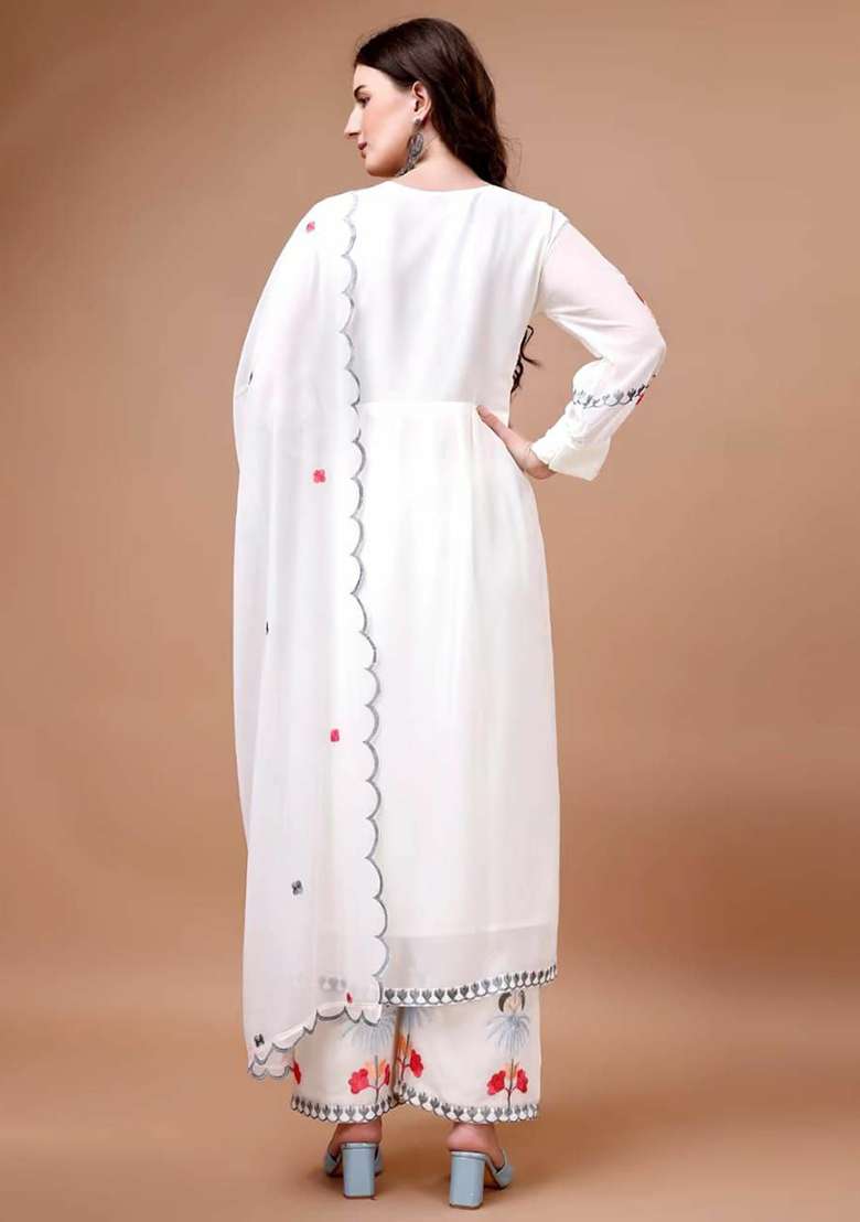 White Embroidery Georgette Kurta Set - Indya
