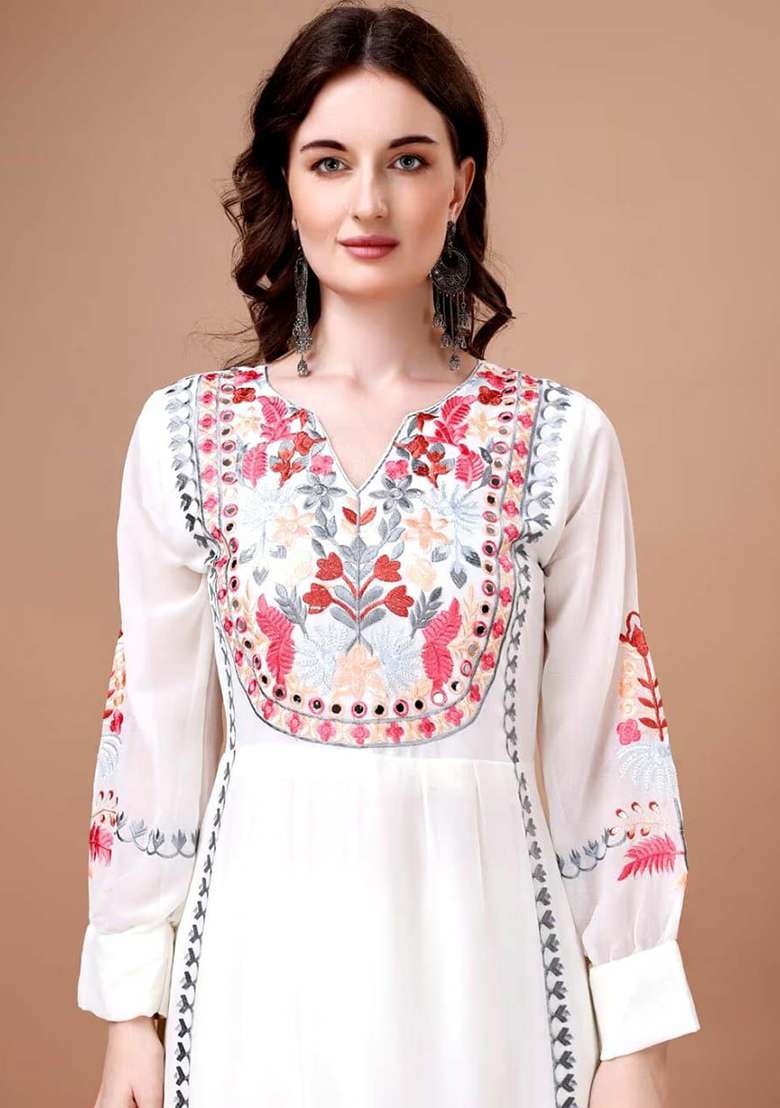White Embroidery Georgette Kurta Set - Indya