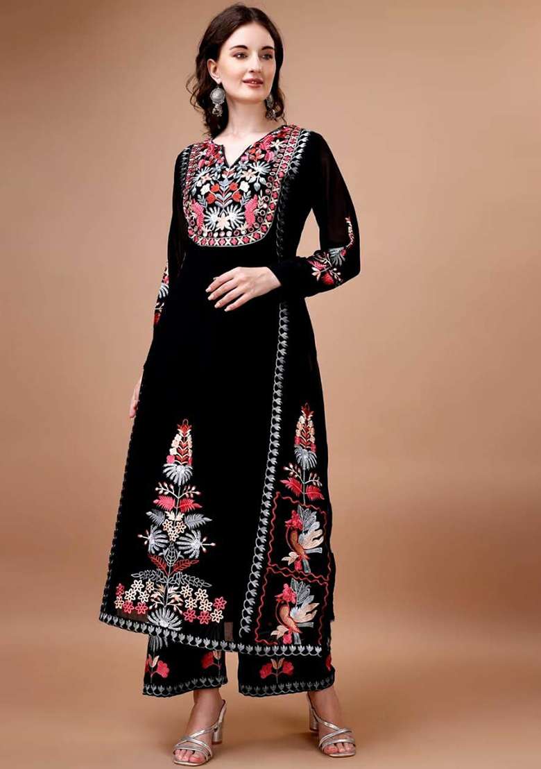 Black Embroidery Georgette Kurta Set - Indya