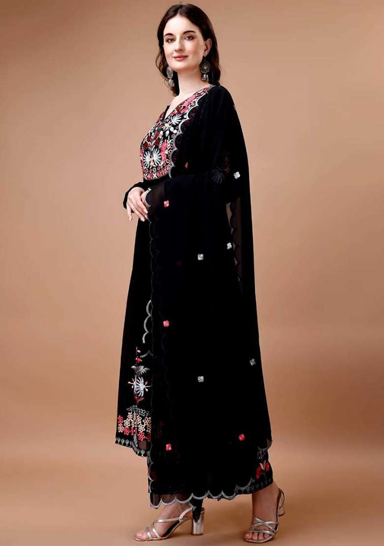 Black Embroidery Georgette Kurta Set - Indya