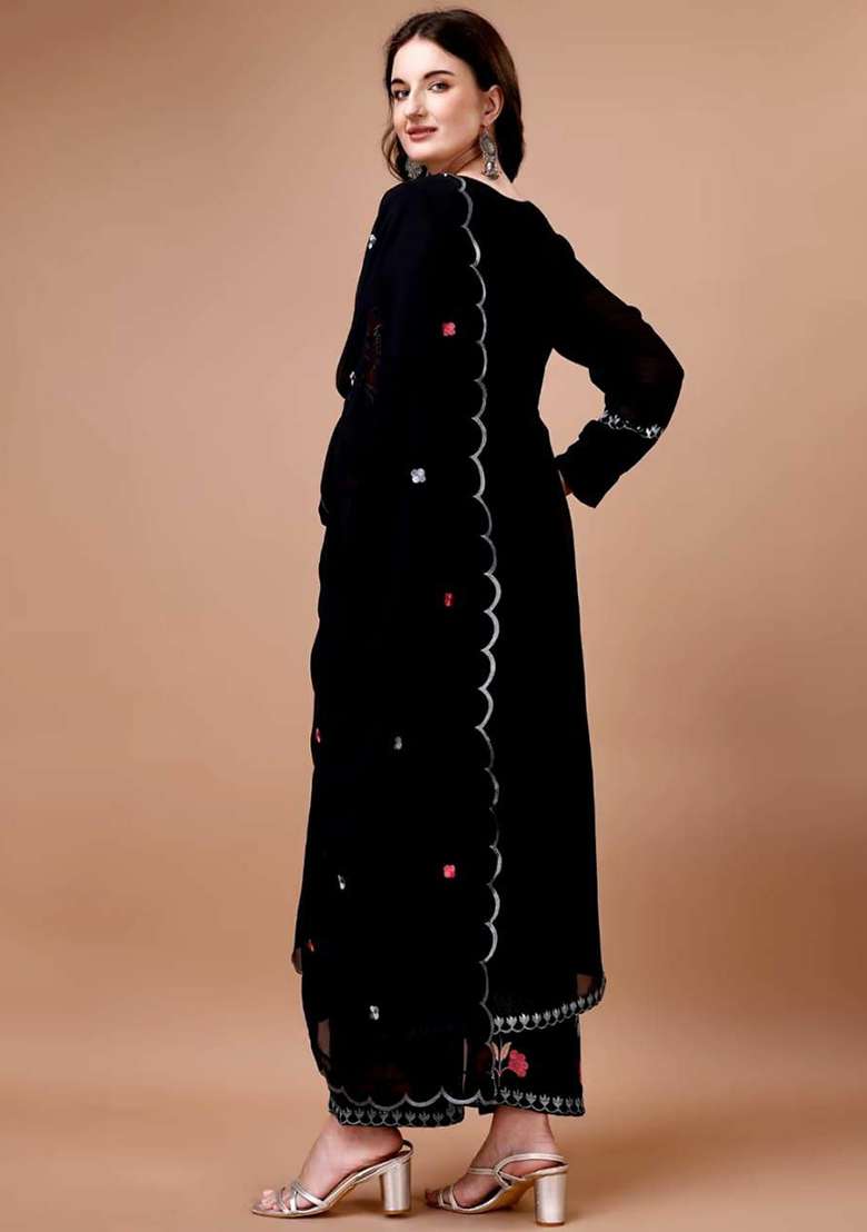 Black Embroidery Georgette Kurta Set - Indya
