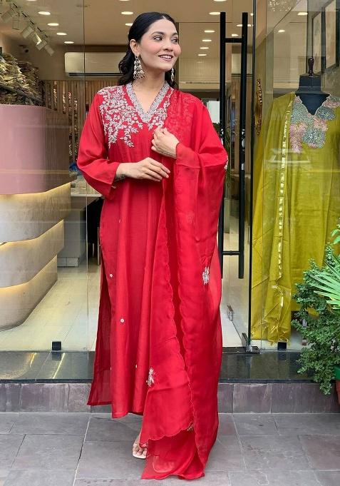 Red Embroidery Viscose Kurta Set