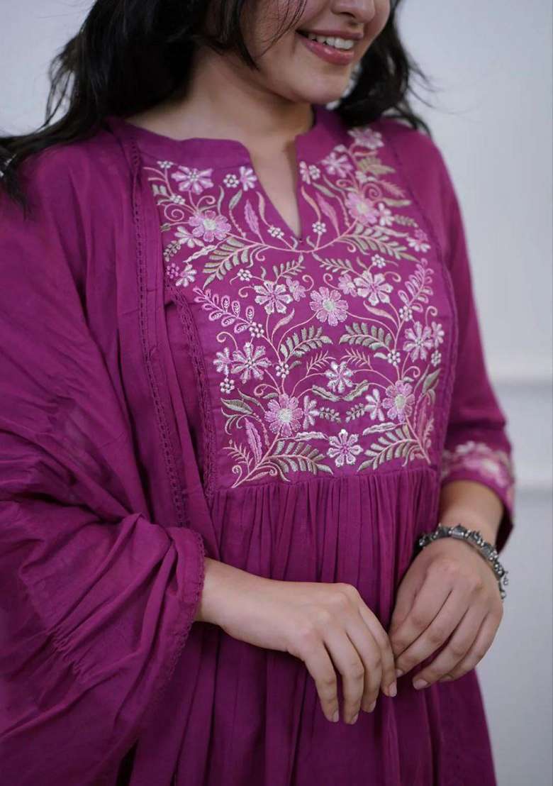 Rani Pink Embroidery Cotton Kurta Set - Indya