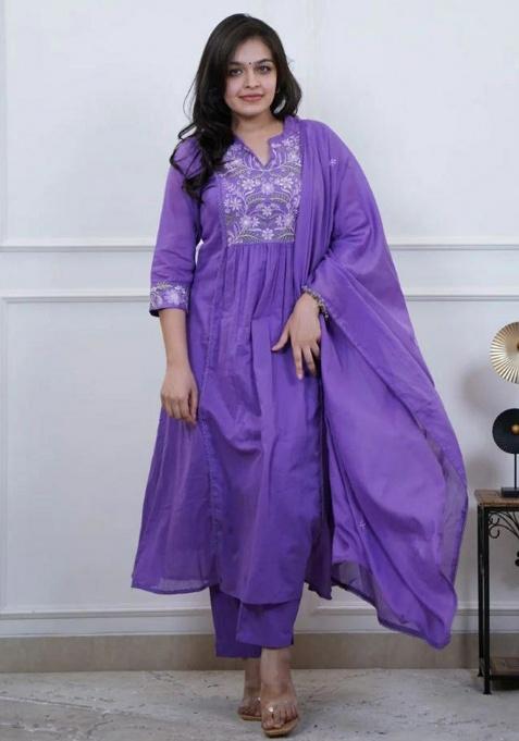 Lavender Embroidery Cotton Kurta Set