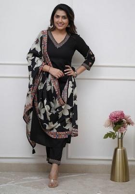 Black Embroidery Silk Kurta Set
