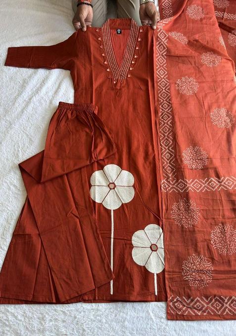Rust Embroidery Cotton Kurta Set