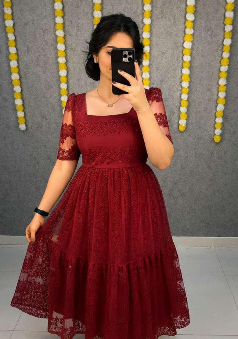 Red Embroidery Net Kurta Set - Indya