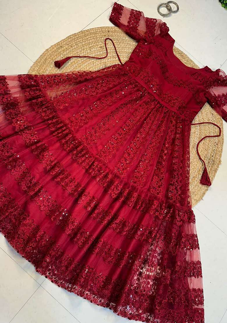 Red Embroidery Net Kurta Set - Indya