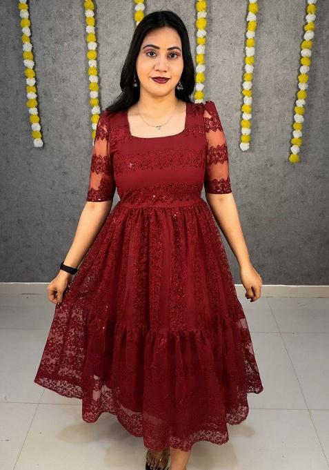 Red Embroidery Net Kurta Set