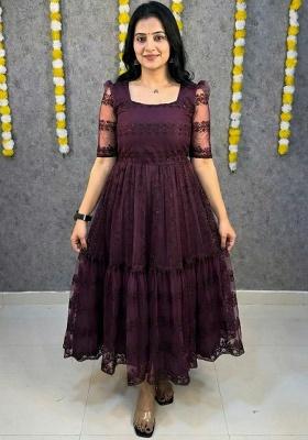 Purple Embroidery Net Kurta Set