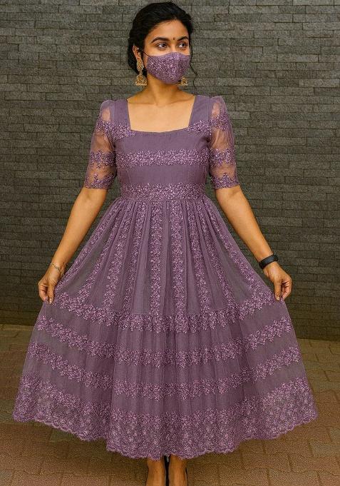 Lavender Embroidery Net Kurta Set