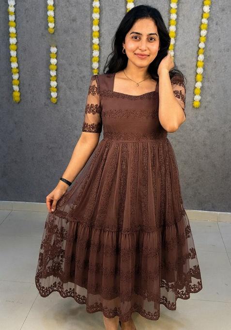 Brown Embroidery Net Kurta Set