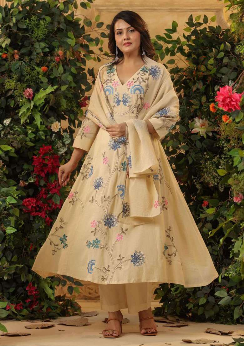 White Embroidery Viscose Kurta Set - Indya