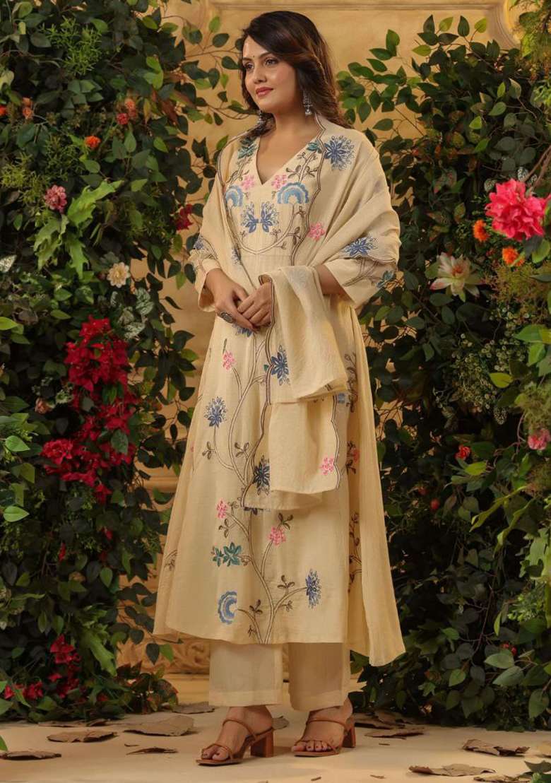 White Embroidery Viscose Kurta Set - Indya