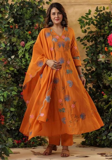 Orange Embroidery Viscose Kurta Set
