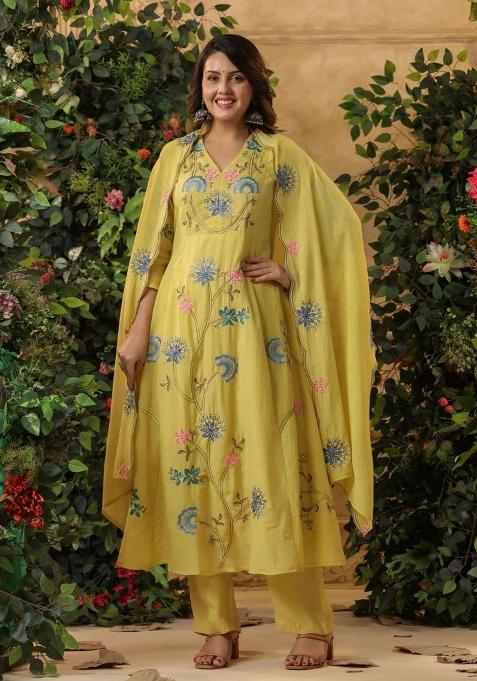 Yellow Embroidery Viscose Kurta Set