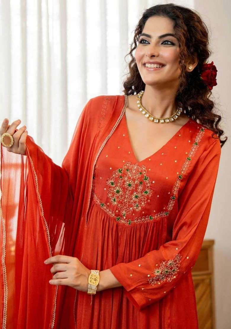 Orange Embroidery Vichitra Kurta Set - Indya