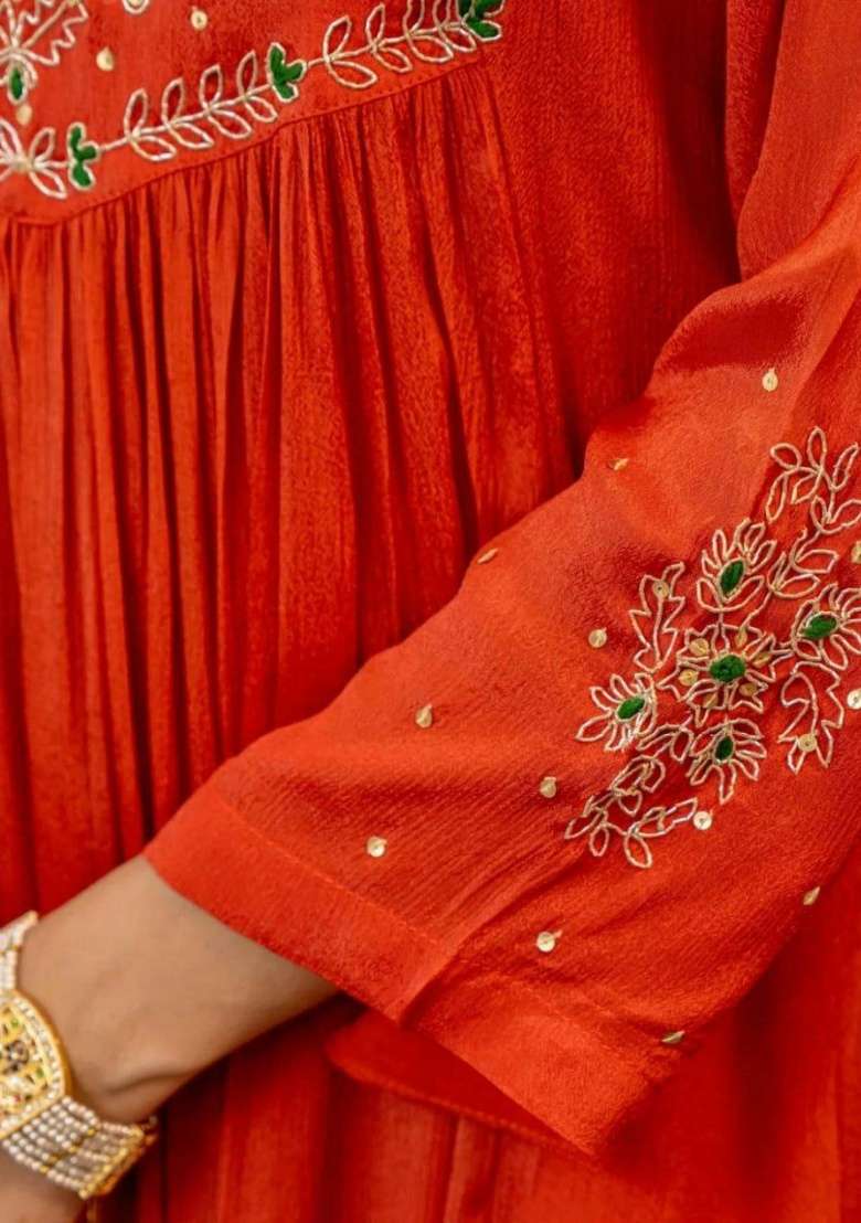 Orange Embroidery Vichitra Kurta Set - Indya