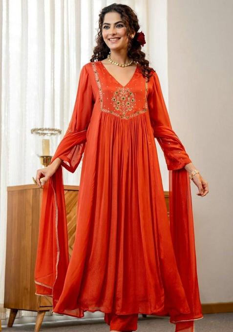 Orange Embroidery Vichitra Kurta Set