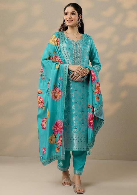 Blue Embroidery Banarasi Kurta Set