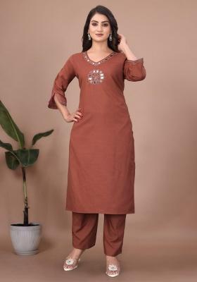 Brown Embroidery Cotton Kurta Set