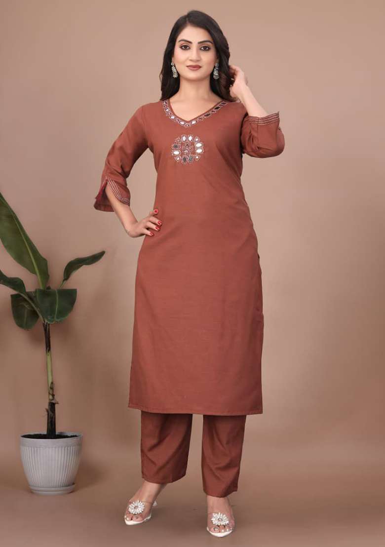 Brown Embroidery Cotton Kurta Set - Indya