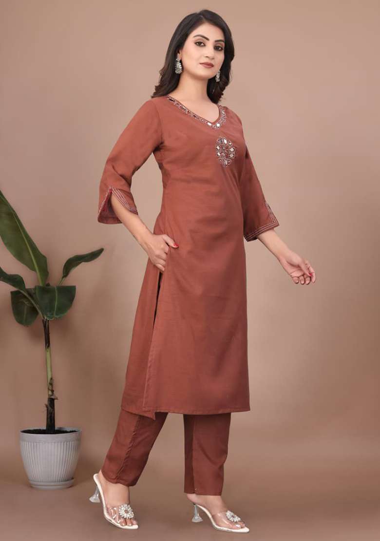 Brown Embroidery Cotton Kurta Set - Indya