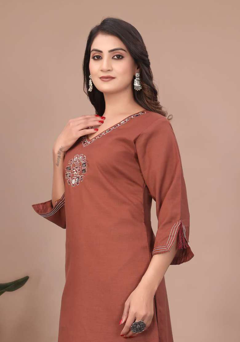 Brown Embroidery Cotton Kurta Set - Indya