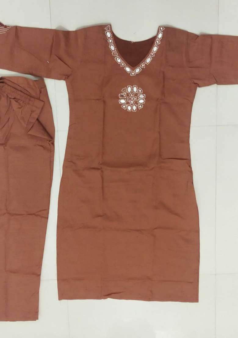 Brown Embroidery Cotton Kurta Set - Indya