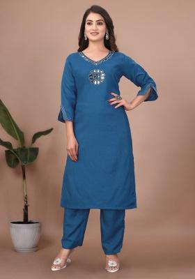 Blue Embroidery Cotton Kurta Set