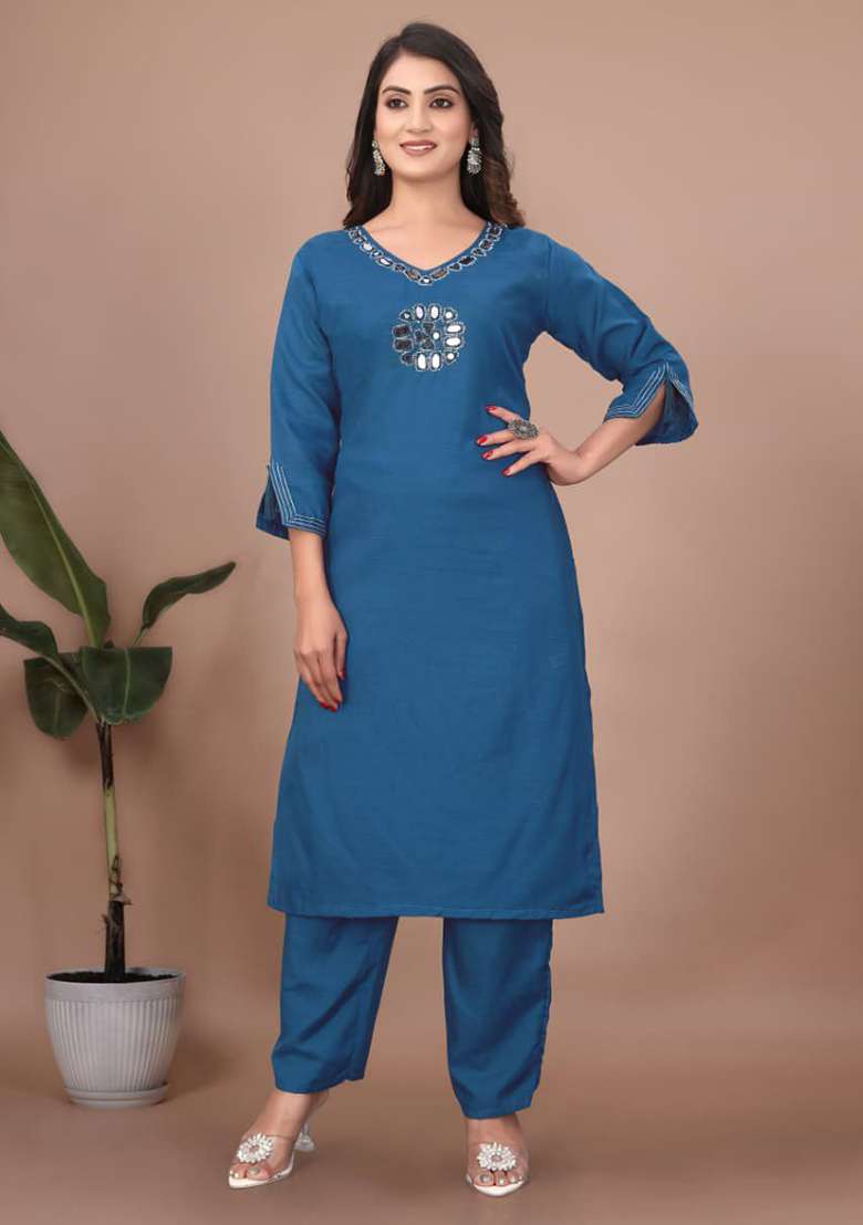 Blue Embroidery Cotton Kurta Set - Indya