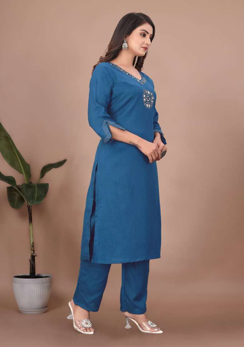 Blue Embroidery Cotton Kurta Set - Indya