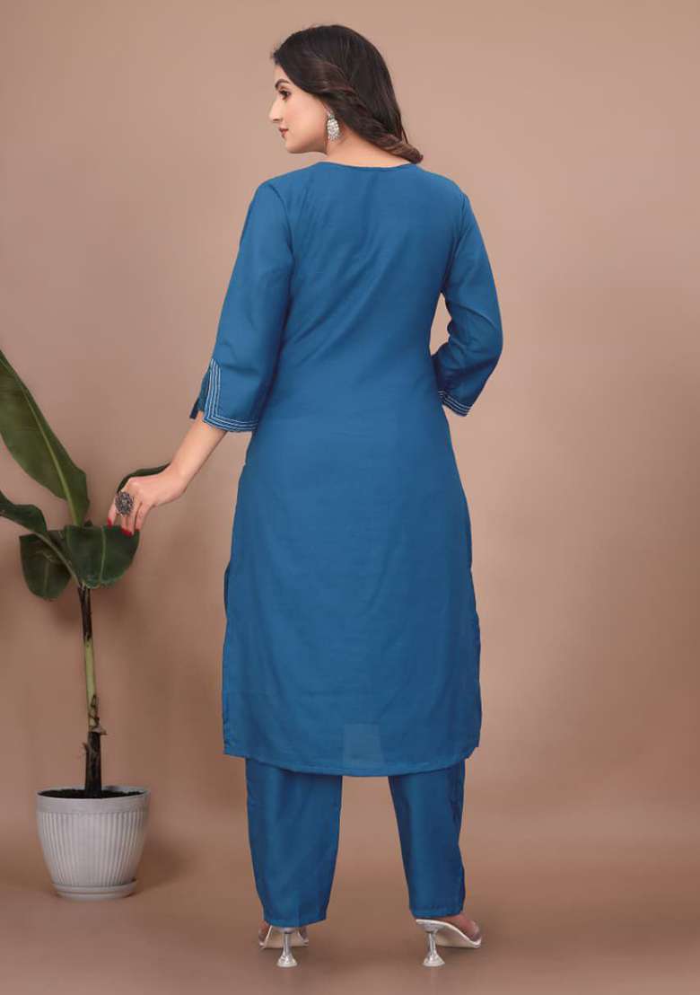 Blue Embroidery Cotton Kurta Set - Indya