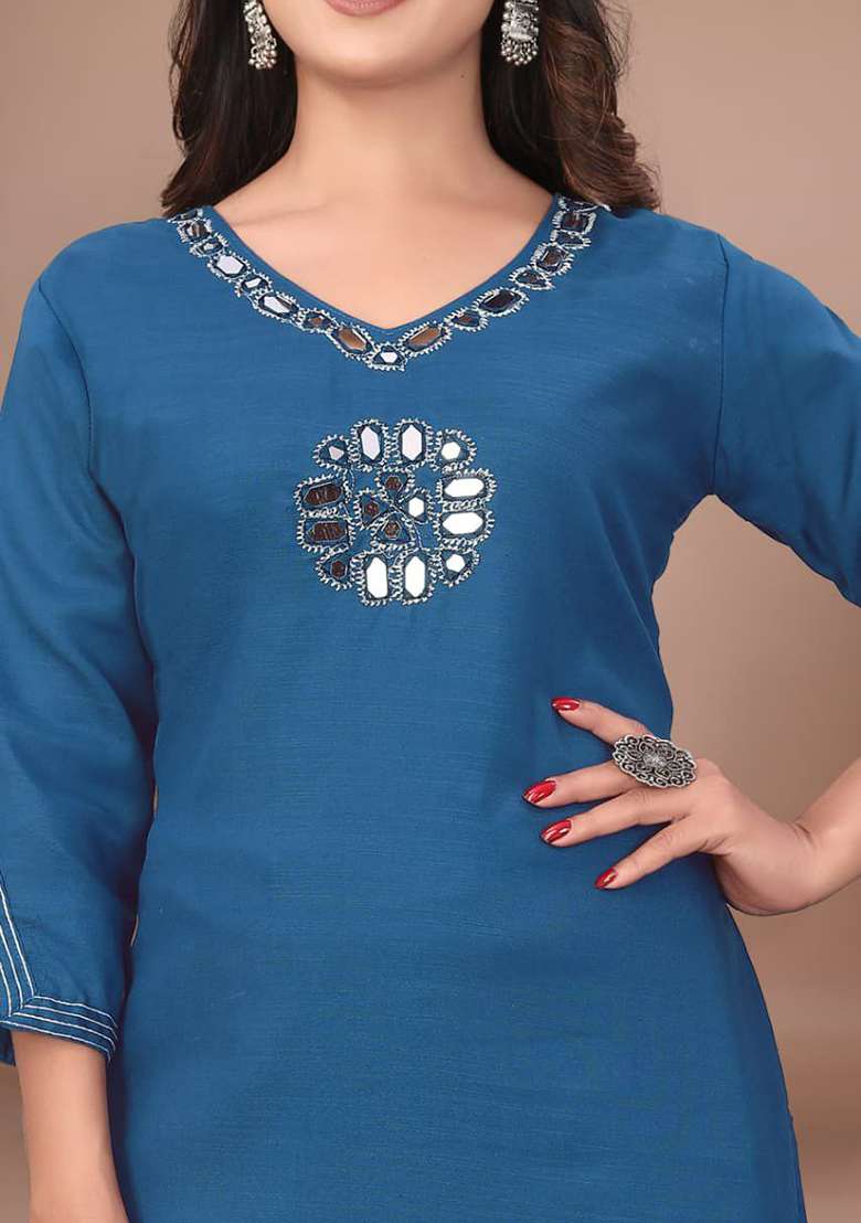 Blue Embroidery Cotton Kurta Set - Indya